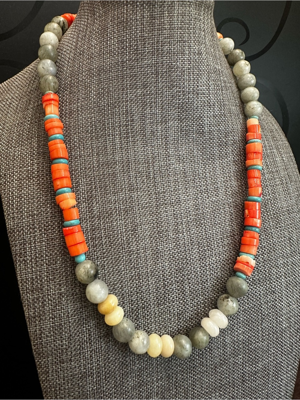 Elegant Orange Coral and Gray Labradorite Beaded Necklace